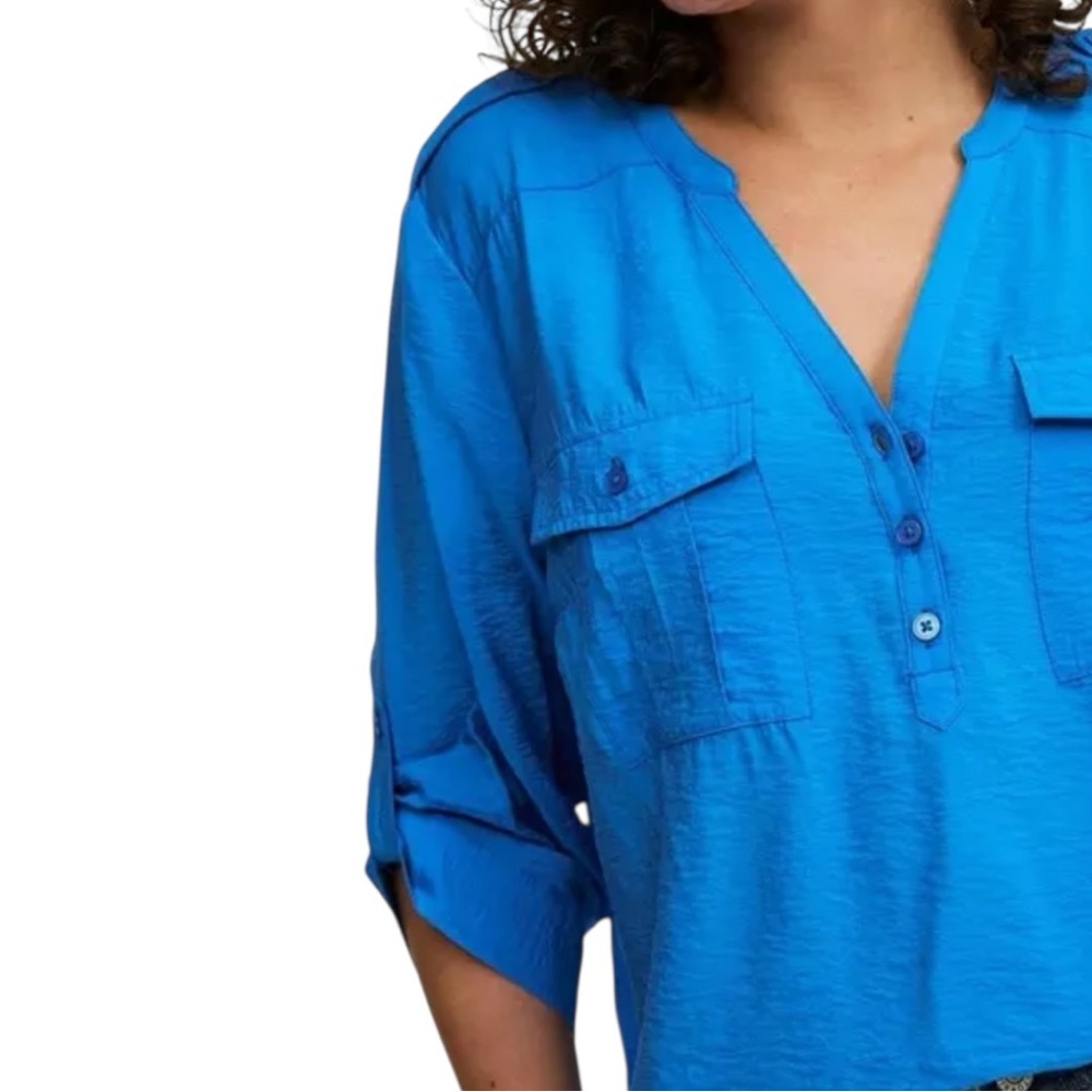 Torrid Harper 3/4 Sleeve Top Blouse 3X V-neck Roll Tab Blue - Picture 10 of 13